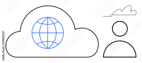 Cloud with globe representing global connectivity, person with small cloud symbolizing user interaction. Ideal for technology, communication, networking, innovation, cloud computing, internet, user