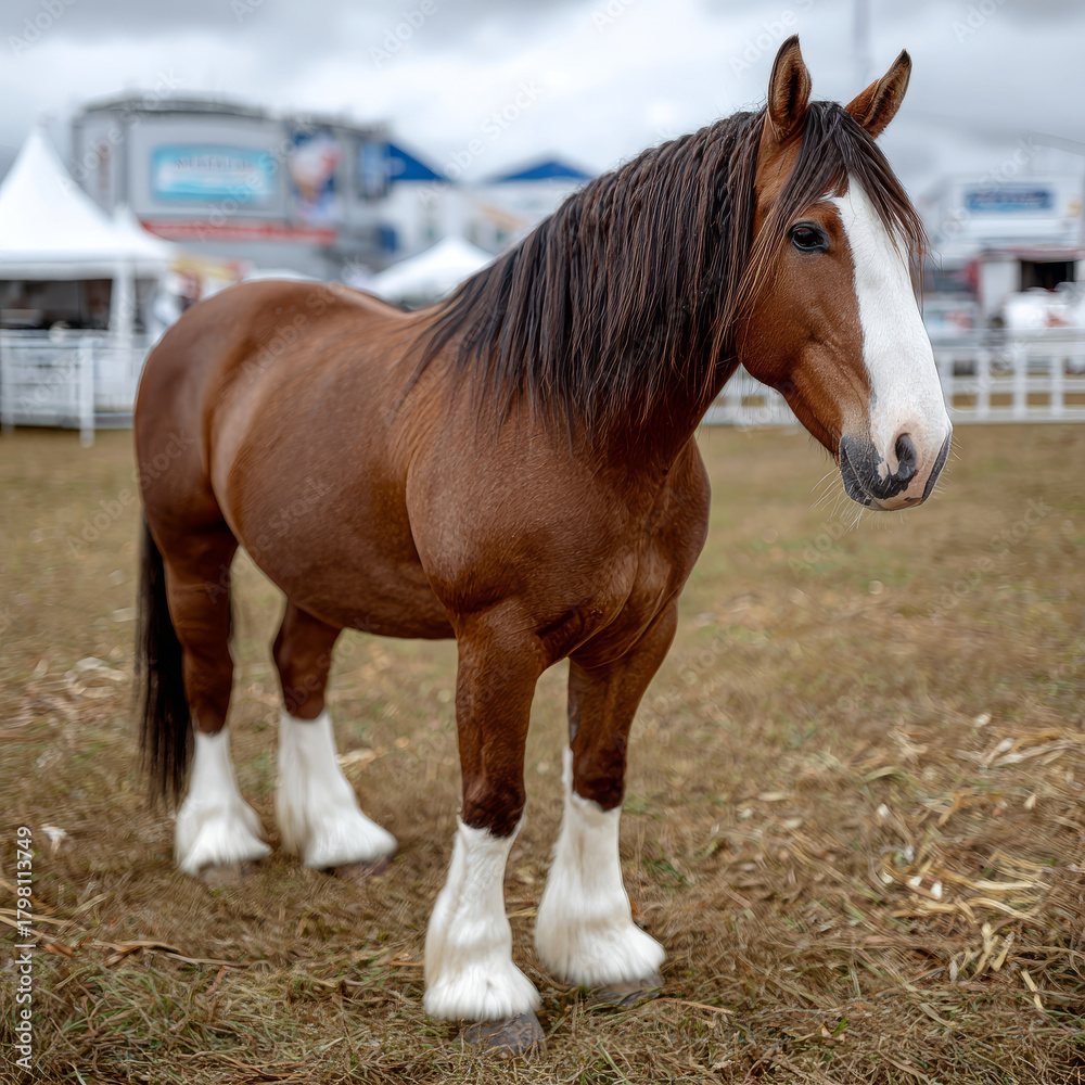 Fototapeta premium Majestic Clydesdale horse standing outdoors in a rural field.