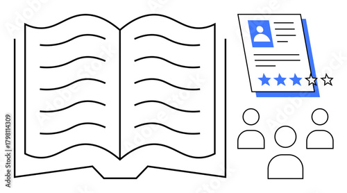Open book and profile document with star ratings next to minimalist people icons. Ideal for education, recruitment, career development, evaluation, teamwork, reading, learning. Simple flat metaphor