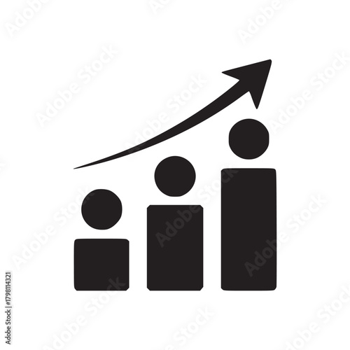 Black and white graphic illustration of a bar graph with an arrow pointing upwards on a white background