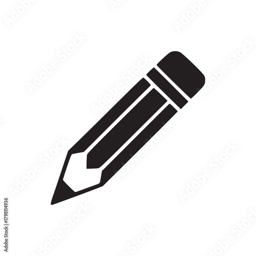 A simple black and white graphic illustration of a pencil with an eraser on a white background