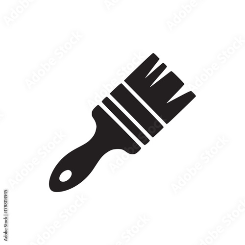 A black and white graphic illustration of a paintbrush with a short handle and thick bristles