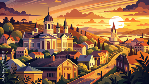 Very beautiful sunset view of Natchez, Mississippi, USA, featuring warm golden light illuminating a historic church and the surrounding downtown landscape, highlighting charming architecture and seren