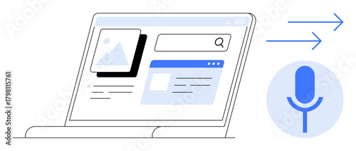 Open laptop with web search interface, image preview, microphone icon, and arrows symbolizing voice search. Ideal for technology, innovation, AI, search UIUX accessibility automation. Simple flat
