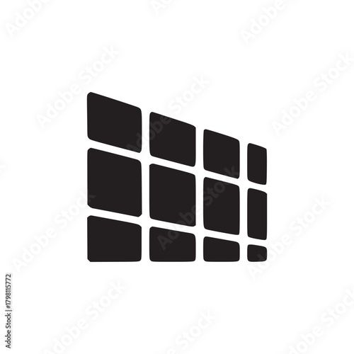 A graphic design of a grid of black squares receding into the distance on a white background space