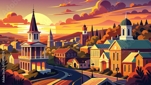 Very beautiful sunset view of Natchez, Mississippi, USA, featuring warm golden light illuminating a historic church and the surrounding downtown landscape, highlighting charming architecture and seren