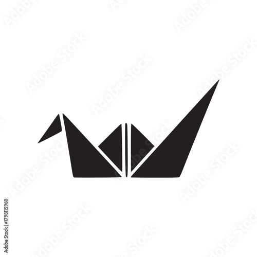 A minimalist black origami crane on a white background with sharp lines and geometric shapes visible clearly