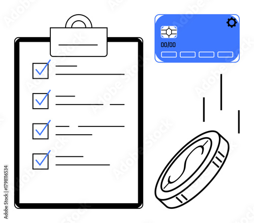 Clipboard with checklist, blue credit card, and coin dropping. Ideal for budgeting, financial management, decision-making, investments, saving expense tracking and economic strategies. Simple flat