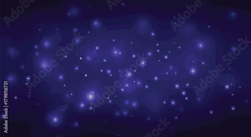 Abstract dark blue background featuring glowing circular bokeh lights that resemble stars or digital particles