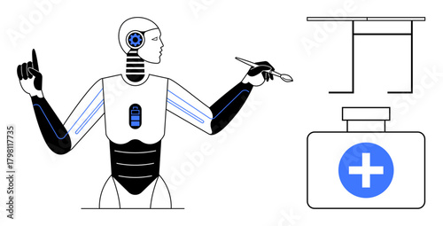 Human-thumbs up robot holding a scalpel alongside a first aid box with cross symbol, representing medical technology. Ideal for innovation, healthcare, robotics, AI, precision, future trends, digital