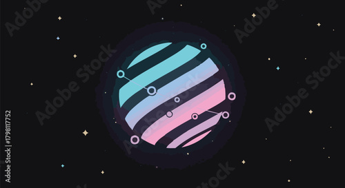 Abstract neon planet with glowing connectivity nodes orbiting in deep space. Ideal for technology, digital science, or futuristic concepts
