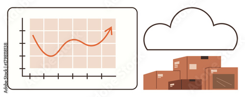 Rising graph trend showcasing analytics, cloud integration, and stacked shipping boxes. Ideal for logistics, technology, data, inventory, planning storage and e-commerce. A simple flat metaphor