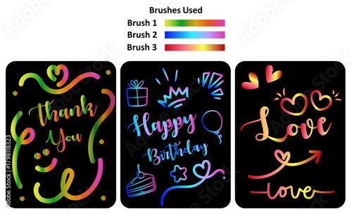 Thank you,happy birthday, love , in neon gradient lines , for greating cards  and banners,