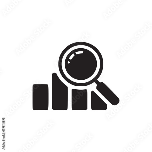 A black and white minimalist icon showing a magnifying glass over a bar graph on a white background