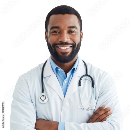 Smiling black doctor wearing lab coat and stethoscope isolated on transparent background