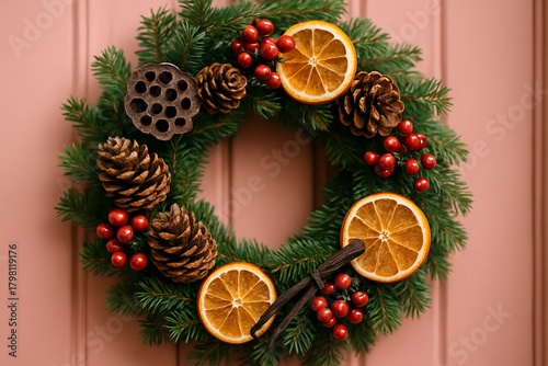 Selective focus of festive Christmas wreath with pine cones oranges berries and fir on pink wooden door