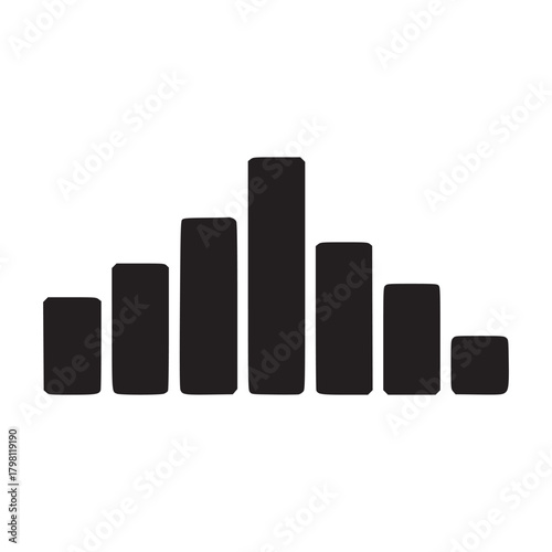 Seven black bars of varying heights arranged in a row on a white background illustration icon