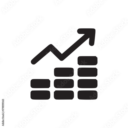 A black and white illustration of a rising graph with stacked coins on a white background plain view