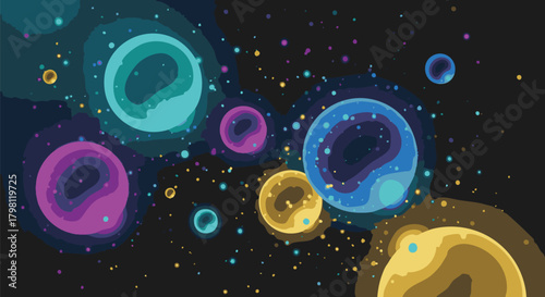 Abstract vector illustration depicting a cosmic or microscopic scene of glowing spheres in space. Ideal for science, art, and technology themes