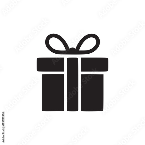 A simple black silhouette of a gift box with a bow on a white background in a minimalist style