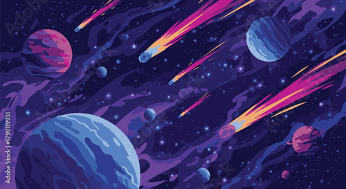 An artistic illustration of outer space featuring planets, comets, and stars. A dynamic composition with vibrant colors creates a cosmic landscape