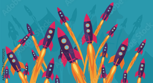 Bright illustration of multiple rockets taking off into the sky, conveying concepts of space travel, startup success, and business growth