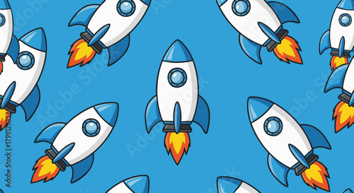 Cartoon rocket seamless pattern on a blue backdrop. A fun, playful style for textiles or backgrounds