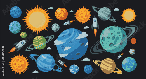 Cartoon illustration of the solar system planets, sun and rockets. Science and exploration concept