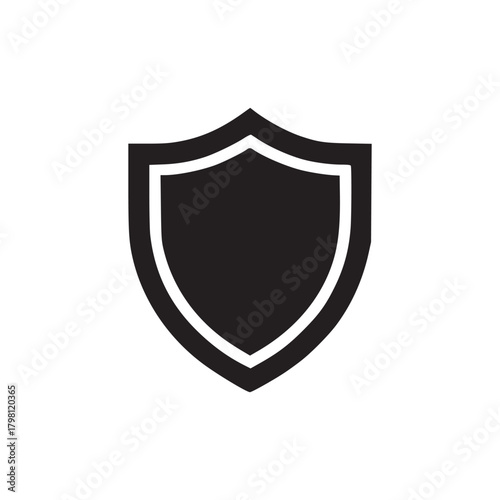 A simple black shield icon with a white outline centered on a plain white background in a minimalist style