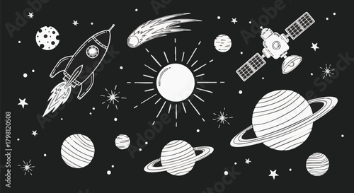 Chalkboard style space theme illustration featuring a rocket, planets, sun, comet, and satellite against a dark background