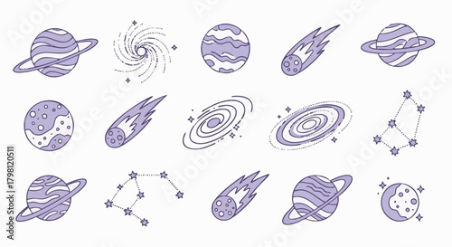 Charming set of hand-drawn outer space icons featuring planets, comets, galaxies, and constellations in a simple, cute line art style