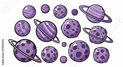 Collection of cartoon purple planets and moons with rings and craters, rendered in a playful, stylized manner