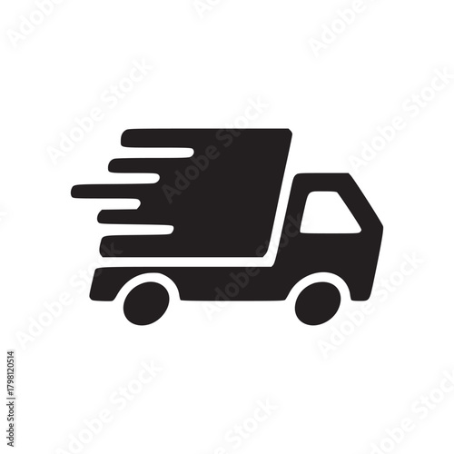 A black delivery truck with motion lines indicating speed on a white background in simple graphic style