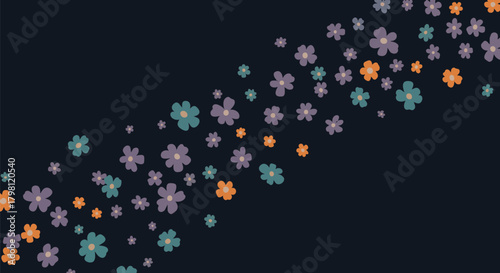 Charming seamless pattern of stylized falling flowers in purple, teal, and orange against a dark navy background