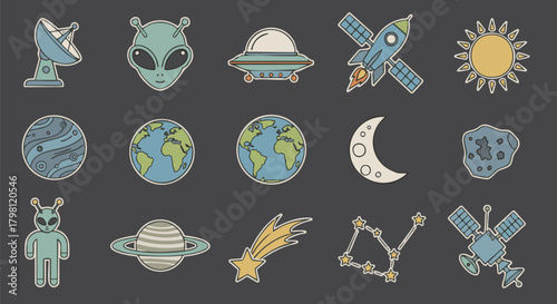 Collection of space icons with a cartoon, sticker style