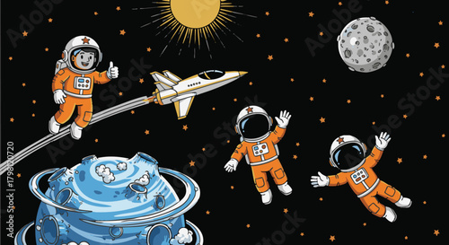 Cute cartoon astronauts explore space, floating near a planet, moon, and rocket ship under a radiant sun