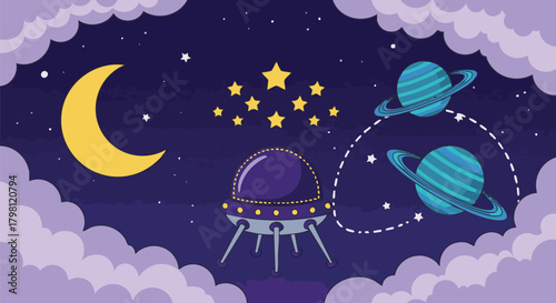 Cute cartoon illustration of a UFO flying past Saturn and a crescent moon in a starry night sky with clouds. Ideal for kids' designs