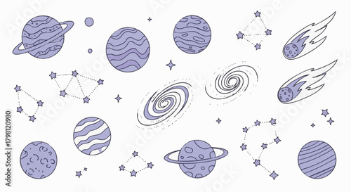 Cute doodle icons set of planets, galaxies, constellations, and comets in a simple, hand-drawn style, perfect for space-themed designs