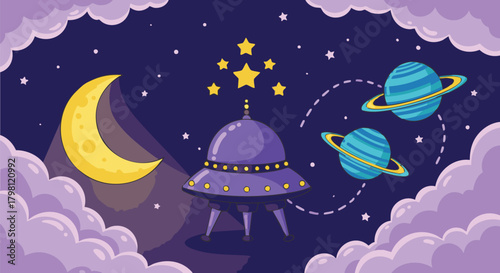 Cute cartoon space scene featuring a purple UFO flying past a crescent moon, planets, and stars in a dark night sky