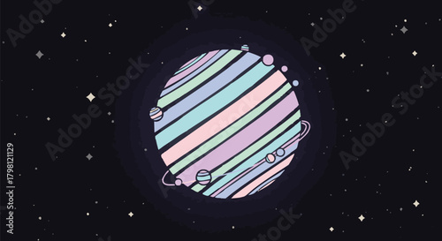 Cute pastel striped planet with moons orbiting in a starry dark space