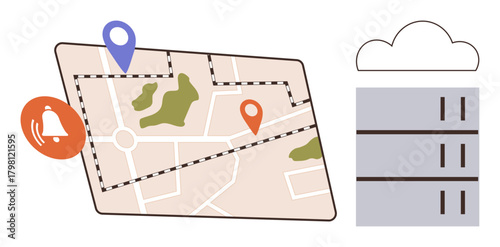 Map with location pins, notification alert, and a cloud-storage system. Ideal for navigation, geolocation, technology, alerts, map data, cloud computing simple flat metaphor
