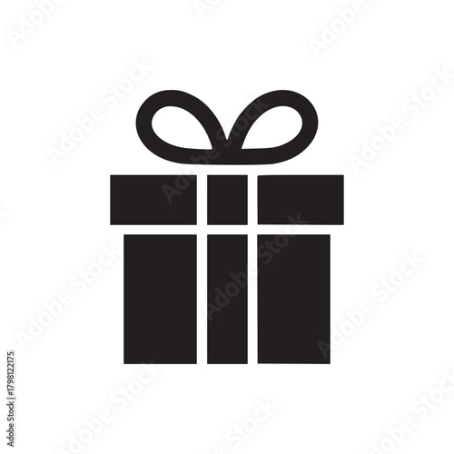 A simple black silhouette of a gift box with a bow isolated on a plain white background vector graphic