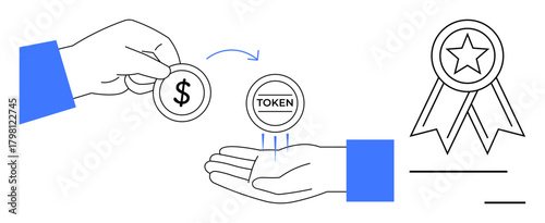 Dollar coin handed over, token received in open palm, star ribbon symbolizing trust, reward, and transformation. Ideal for finance, crypto, trade rewards trust loyalty and token economy. Simple