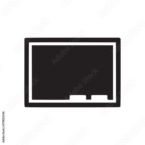 A simple black and white illustration of a chalkboard with two erasers on a white background