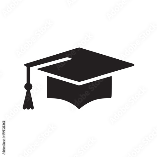A simple graphic of a black graduation cap with a tassel on a white background in the center