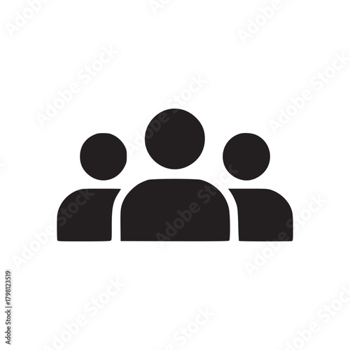A simple black and white icon showing a group of three people in a minimalist design style icon