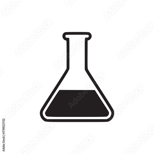 Black and white graphic of a flask filled with a dark liquid on a plain white background studio shot