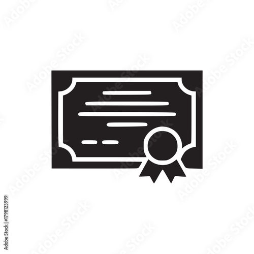 A black and white icon of a certificate with a seal on a white background in a simple design