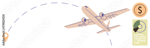 Jet flying along curved line toward location marker, dollar and analytics icons. Ideal for travel, finance, navigation, budgeting, logistics, transportation marketing. Simple flat metaphor