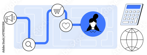 Path connecting icons for marketing, shopping cart, heart, analytics, search, user avatar, globe. Ideal for marketing strategy, e-commerce customer journey analytics global reach user targeting